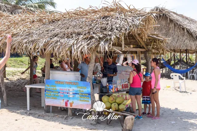 Puesto de bebidas preparadas y cocos frescos en la playa · Hotel Casa del Mar